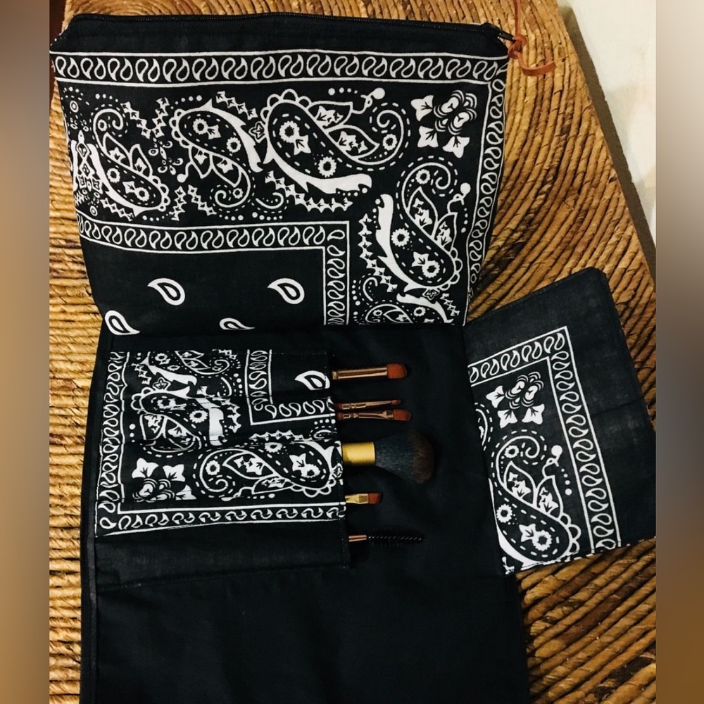 Make-up bag with attached brush roll. This is handmade and very convenient.